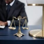 Elegant legal office with a close-up of golden scales of justice on a sleek dark desk.